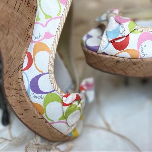 COACH Gwynnie Signature 4.5" Cork Wedge Slingback Sandals Multi Pastel with Bow. - Picture 3 of 15